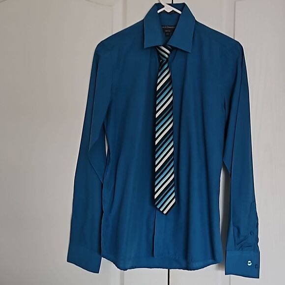 Vroom & Dreesmann Men's Button Down Long Sleeves Shirt With Tie Small Blue - Picture 2 of 16